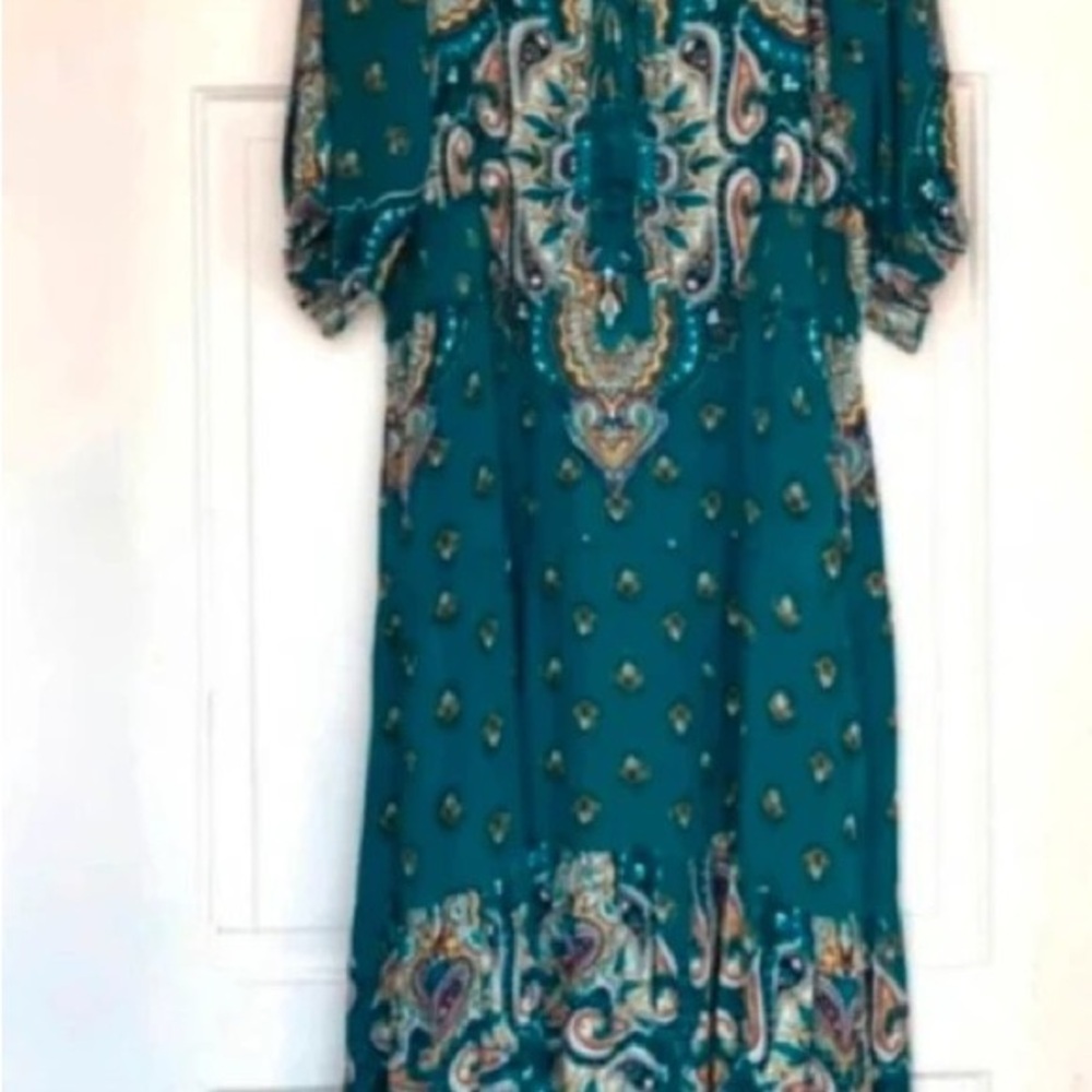 Pull&Bear Teal and Gold Long Sleeve Dress